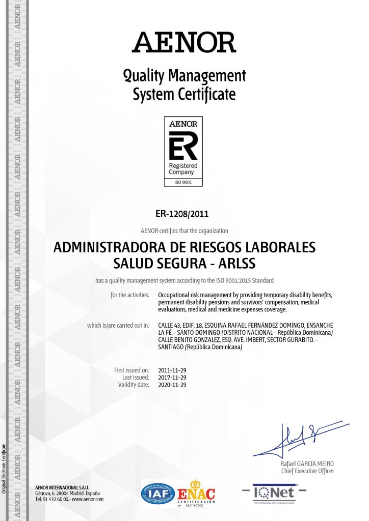 AENOR - Certificado del Sistema de Gestion de calidad ISO 9001:2015 (2017)