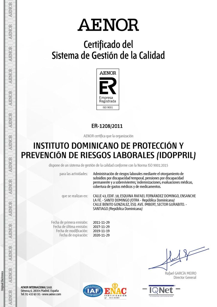 AENOR - Certificado del Sistema de Gestion de calidad ISO 9001:2015 (2019)