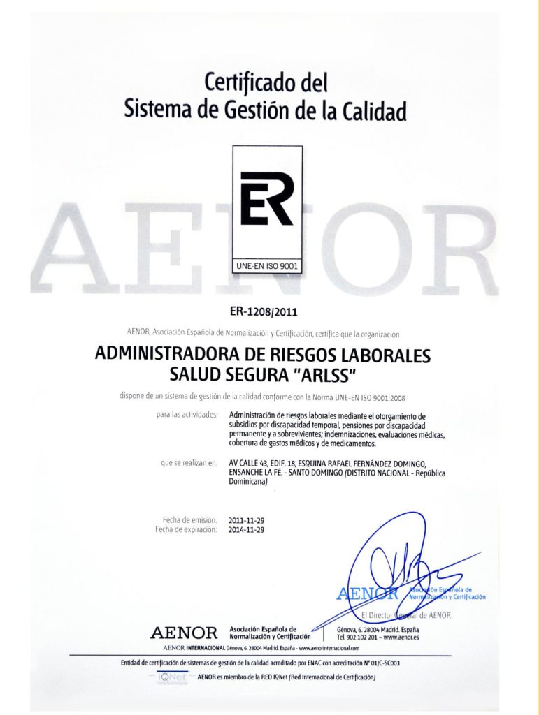 AENOR - Certificado del Sistema de Gestion de calidad ISO 9001:2008 (2011)