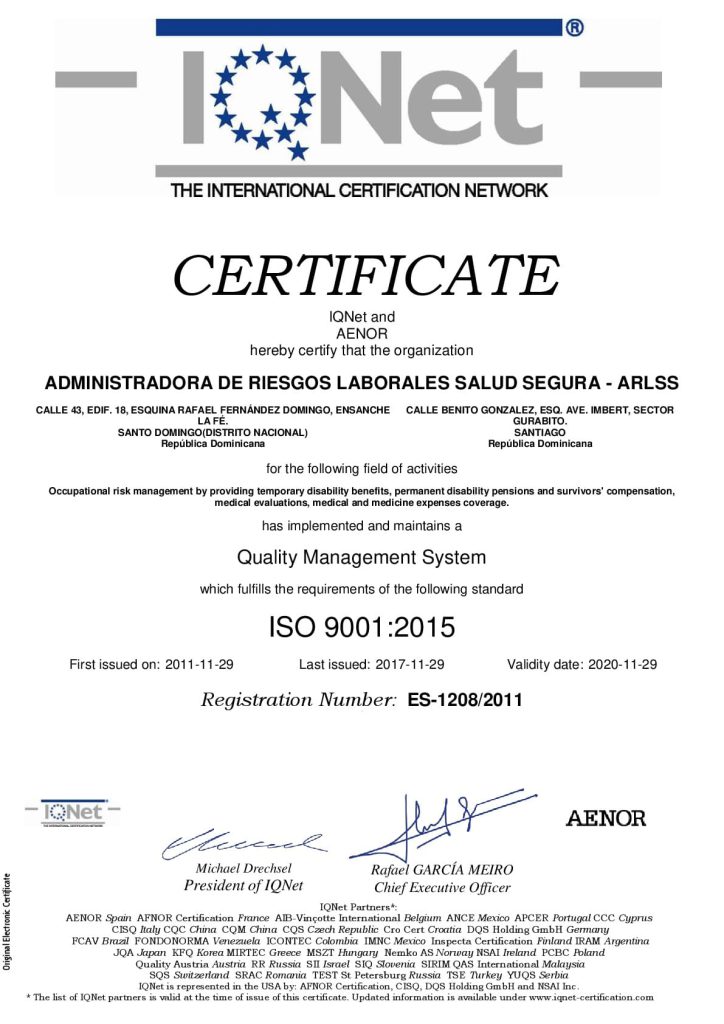 IQNet - Certificado del Sistema de Gestion de calidad  ISO 9001:2015 (2017)