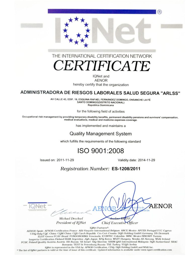 IQNet - Certificado del Sistema de Gestion de calidad  ISO 9001:2008 (2011)